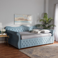 Baxton Studio Abbie-Light Blue Velvet-Daybed-Queen Abbie Traditional and Transitional Light Blue Velvet Fabric Upholstered and Crystal Tufted Queen Size Daybed